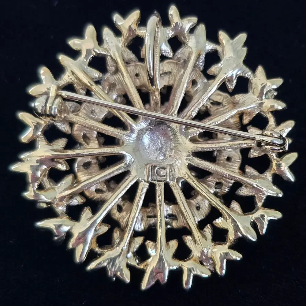 Vintage Liz Claiborne Brooch Pendant Ruby Red AB Rhinestone Gold Floral 80s 90s